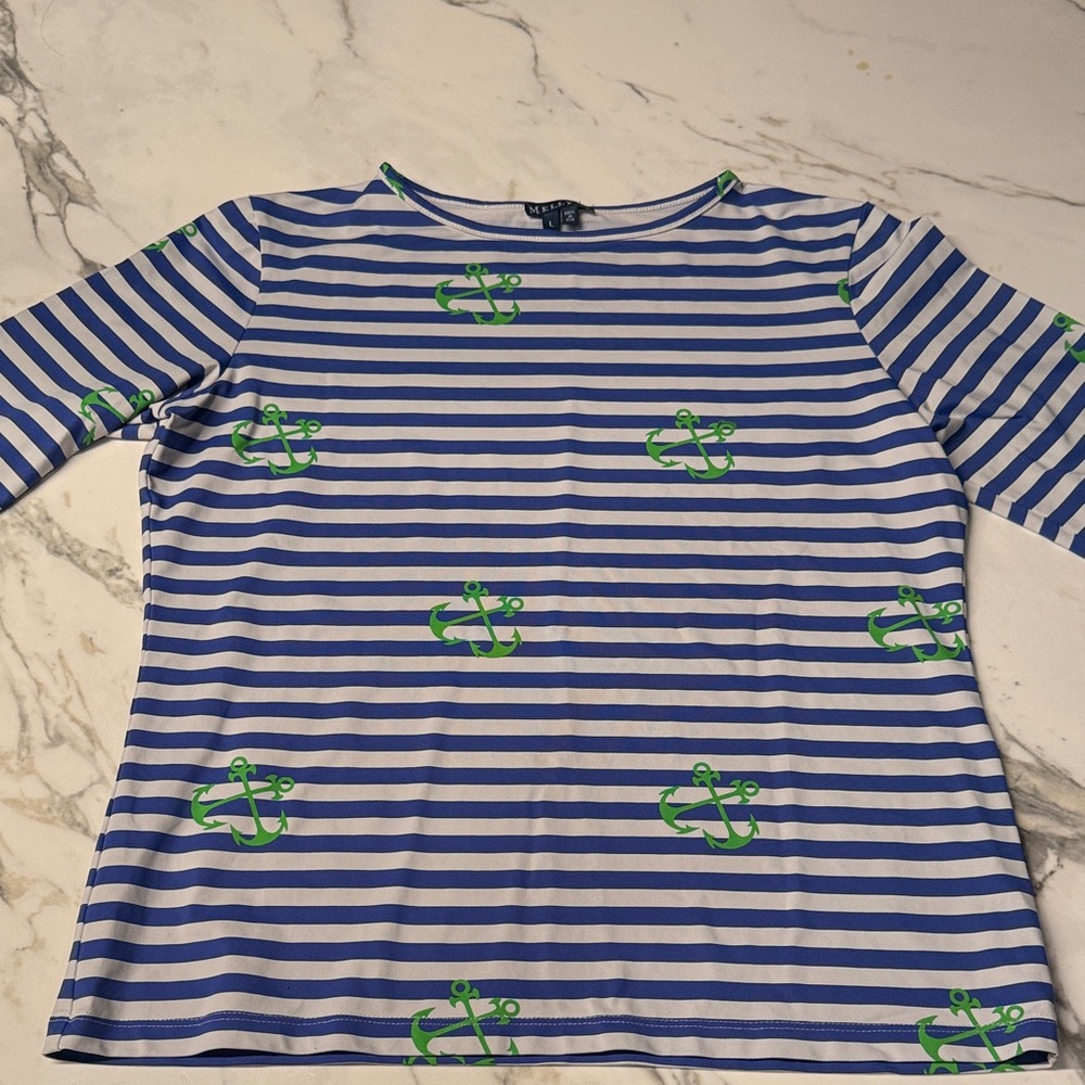 Melly M Striped Blue and Green Anchor Long-sleeve Top